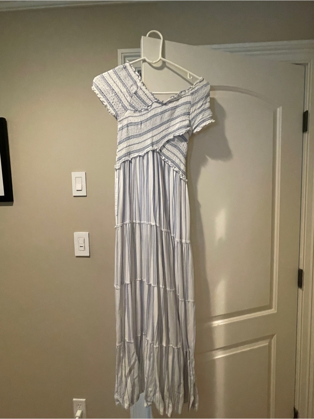 Jessica Simpson Blue and White Striped Tiered Maxi Dress